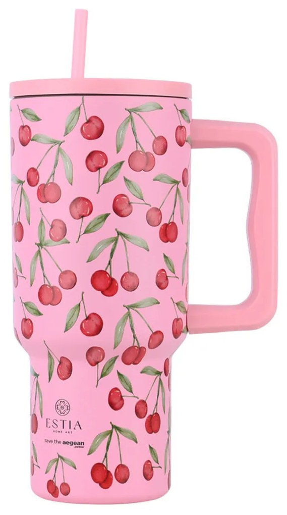 ESTIA ΘΕΡΜΟΣ STRAW TUMBLER XL SAVE THE AEGEAN 900ml CHERRY ROSE 01-32081