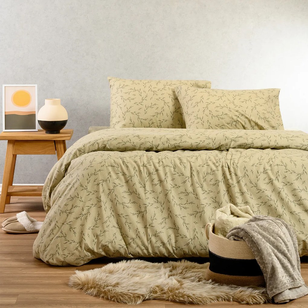 Φανελένια Σεντόνια King Size (Σετ) Melinen Winter Line Poppy Pastel Olive Χακί Χωρίς Λάστιχο 270x260