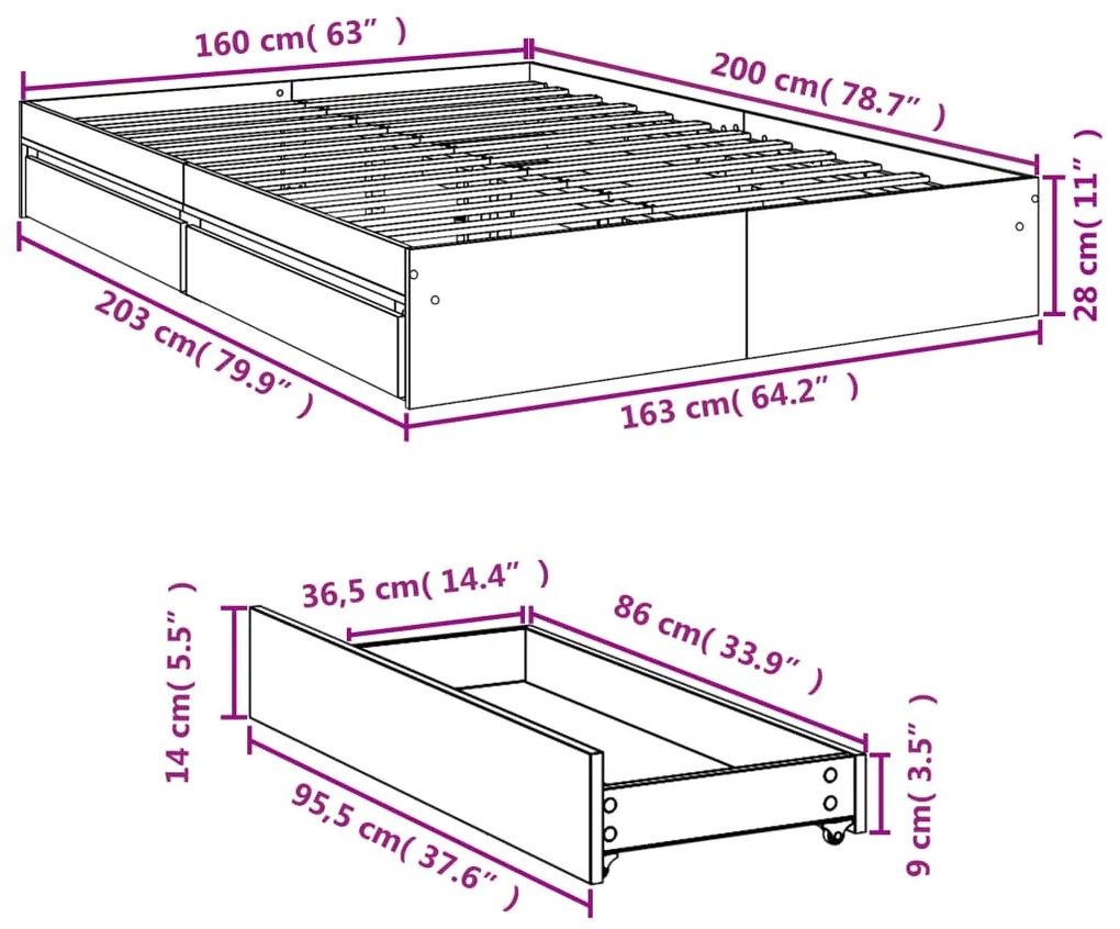 Πλαίσιο Κρεβατιού με συρτάρια Καφέ δρυς 160x200 εκ. Επεξ. Ξύλο - Καφέ