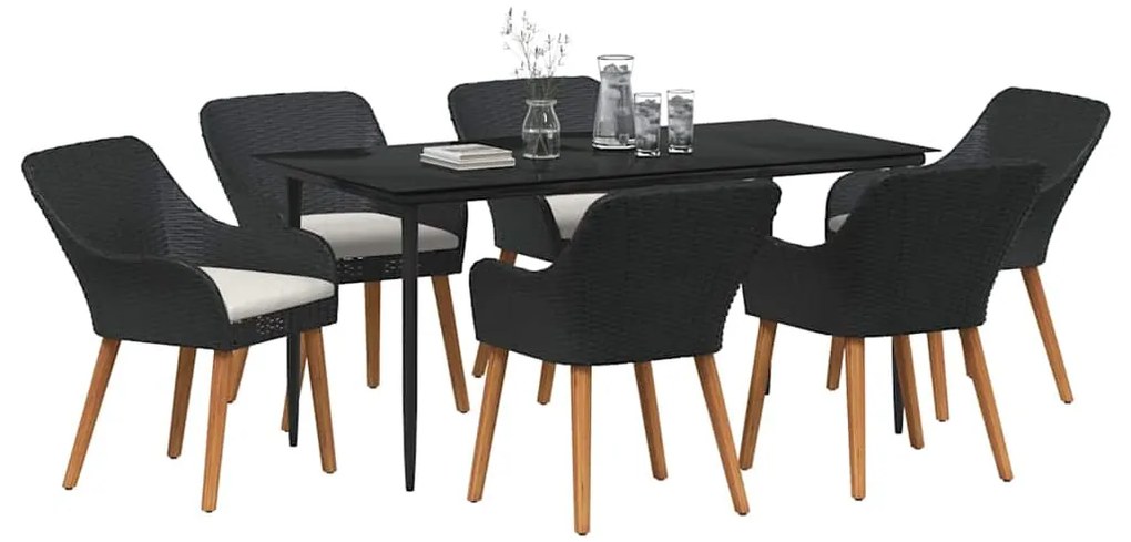 vidaXL Σέτ φαγητού για κήπο με μαξιλάρι 7 pcs Μαύρο συνθετικό ρατάν