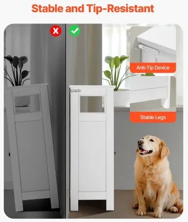 VEVOR Wooden Bathroom Floor Cabinet Storage 3-Tier with Adjustable Shelf White