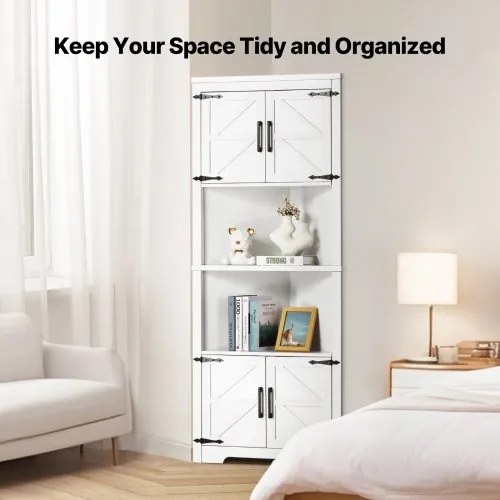 VEVOR 68&quot; Corner Storage Cabinet with 4 Wooden Doors &amp; Adjustable Shelves White