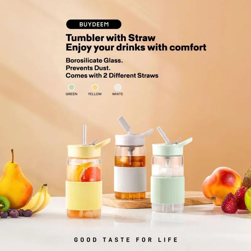 Buydeem CD1017-MY φορητό μπουκάλι ποτών, 500 ml, Ενσωματωμένο καλαμάκι, Αδιάβροχο, Ανθεκτικό στη θερμότητα γυαλί έως 150°C, Χωρίς BPA, Κίτρινο