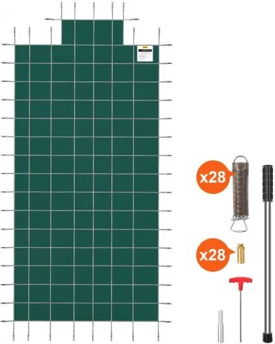 VEVOR Pool Safety Cover Fits 16x32ft Rectangle Inground Pools, Safety Pool Cover with 4x10ft Center End Step, Mesh Solid Pool Cover with Drainage Holes for Swimming Pool, Winter Safety Cover, Green