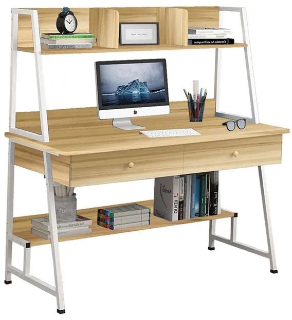 WOODWELL ΓΡΑΦΕΙΟ Η/Υ 2 Συρτάρια 2 Ράφια Μέταλλο Βαφή Άσπρο, MDF - Melamine Απόχρωση Sonoma 120x48x73/137cm ΕΟ405,2