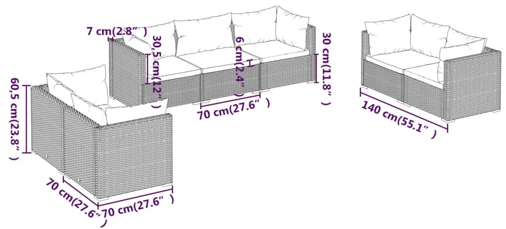 vidaXL Σαλόνι Κήπου Σετ 7 Τεμαχίων Γκρι Συνθετικό Ρατάν με Μαξιλάρια