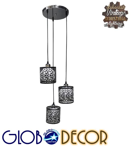 GloboStar® RAINELDA 01246 Μοντέρνο Κρεμαστό Φωτιστικό Οροφής Τρίφωτο 3 x E27 Μαύρο Μεταλλικό Πλέγμα με Λευκό Γυαλί Φ40 x Y19cm