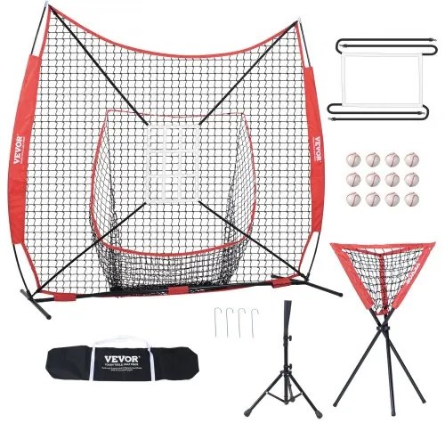 VEVOR 7x7 ft Baseball Softball Practice Net, Portable Baseball Training Net for Hitting Catching Pitching, Backstop Equipment with Bow Frame, Carry Bag, Strike Zone, 12 Balls, Tee, and Ball Collector