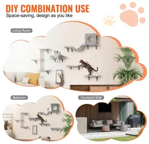 VEVOR Wall Mounted Cat Shelves Tree with Jump Boards Hammock Sofa Grip Set of 6
