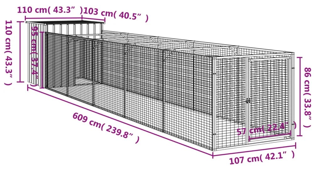 Σπιτάκι Σκύλου με Αυλή Αν. Γκρι 110x609x110 εκ. Γαλβαν. Χάλυβας - Γκρι