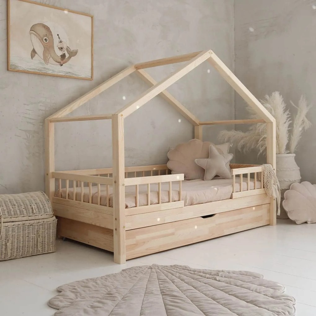 Κρεβάτι Παιδικό Montessori HouseBed Bello Duo Plus με Αφαιρούμενα Κάγκελα 23cm  + Συρτάρι σε Φυσικό  Ξύλο  90×200cm  Luletto (Δώρο 10% έκπτωση στο Στρώμα)