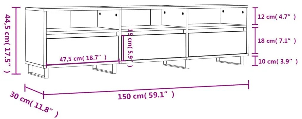 Έπιπλο Τηλεόρασης Γυαλ. Λευκό 150x30x44,5 εκ Επεξεργασμένο Ξύλο - Λευκό