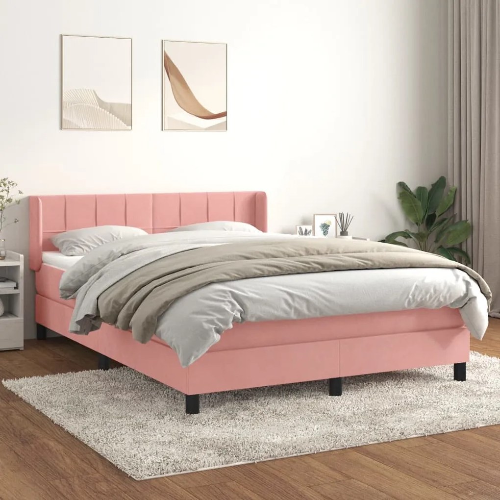 Κρεβάτι Boxspring με Στρώμα Ροζ 140x200 εκ. Βελούδινο - Ροζ