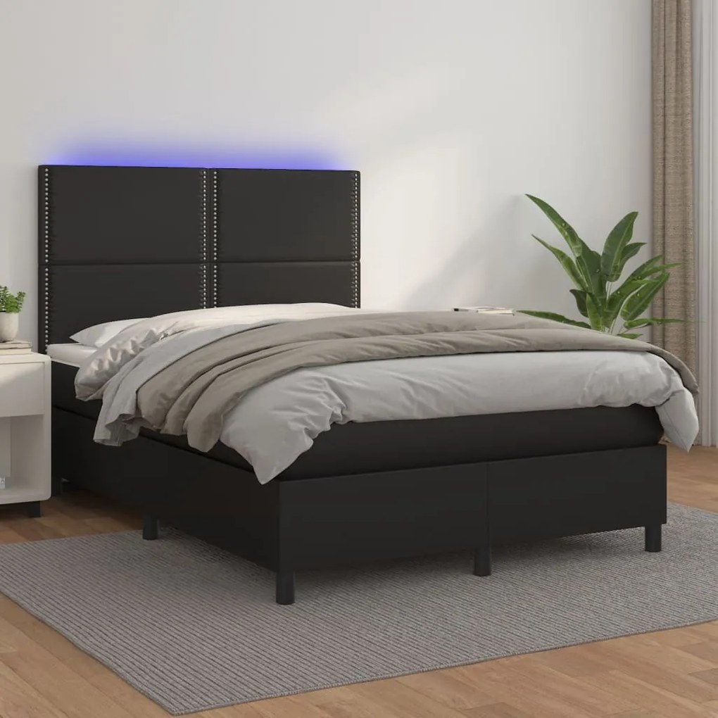 vidaXL Κρεβάτι Boxspring με Στρώμα & LED Μαύρο 140x190 εκ. Συνθ. Δέρμα