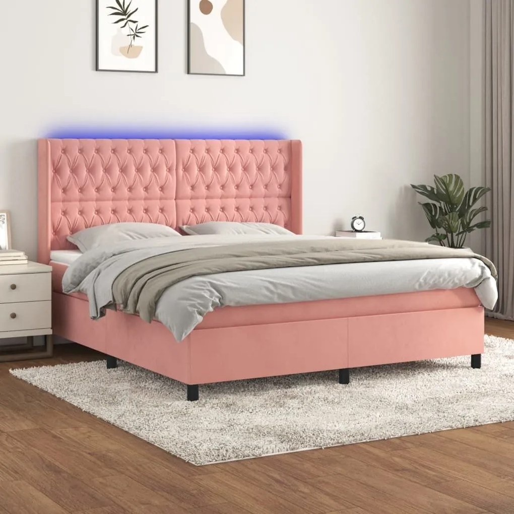 Κρεβάτι Boxspring με Στρώμα &amp; LED Ροζ 180x200 εκ. Βελούδινο - Ροζ