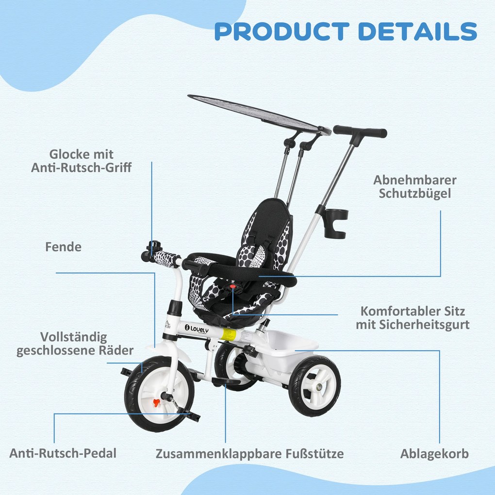 Τρίκυκλο ποδήλατο HOMCOM 6-σε-1 με λαβή ώθησης, τέντα, ζώνη, καλάθι αποθήκευσης, για 1-5 ετών, λευκό