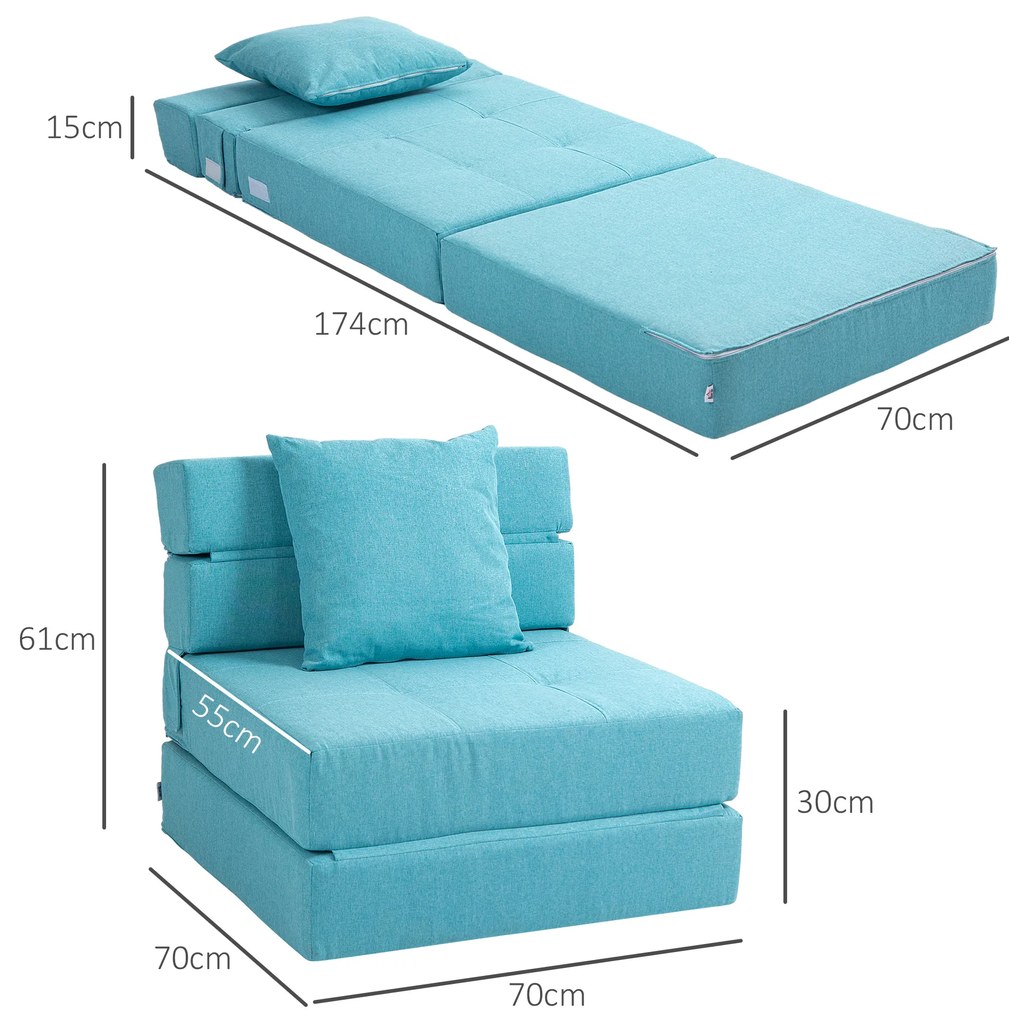 HOMCOM Πολυθρόνα-κρεβάτι, αποσπώμενο κάλυμμα, 70 cm x 70 cm x 61 cm, Ανοιχτό Μπλε