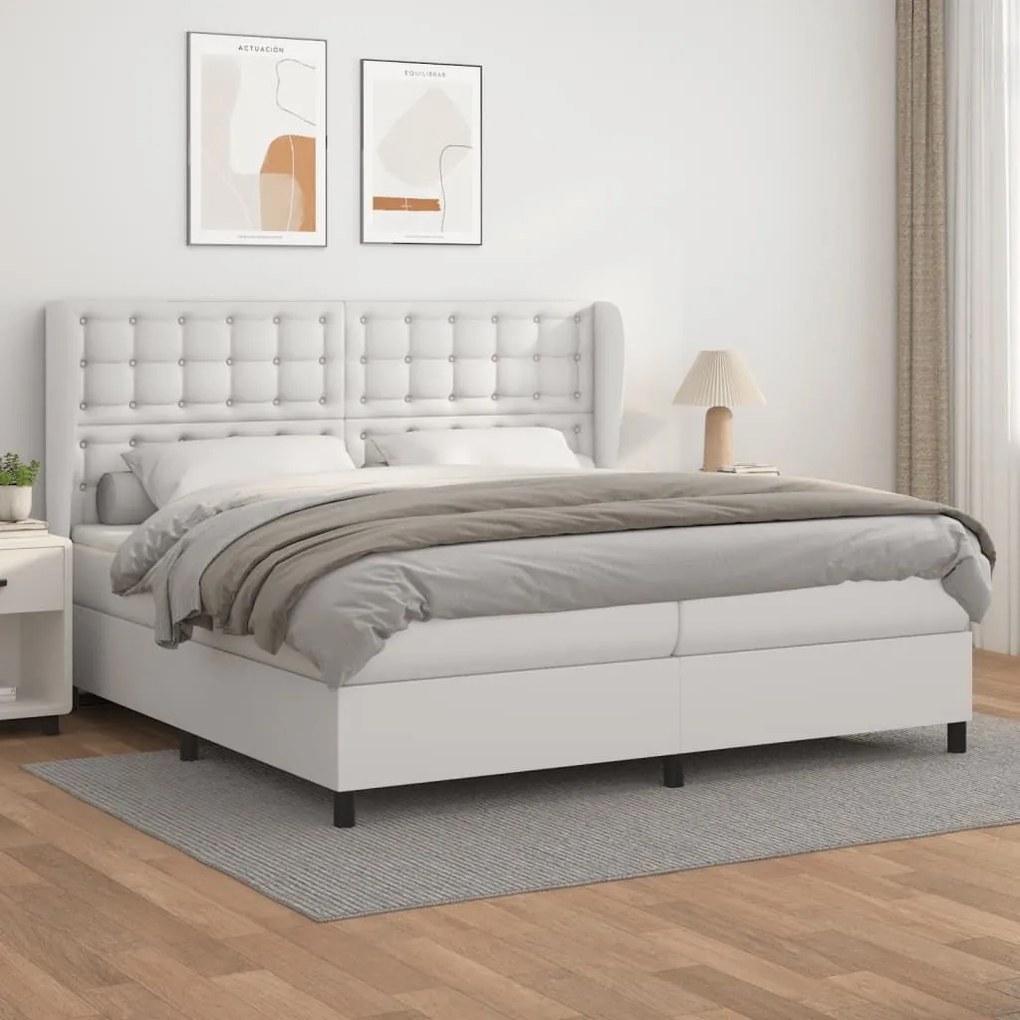 Κρεβάτι Boxspring με Στρώμα Λευκό 200x200 εκ. Συνθετικό Δέρμα - Λευκό