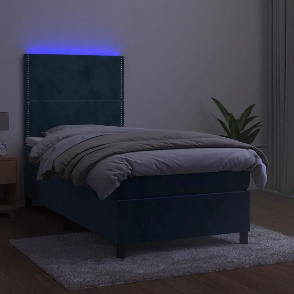 Κρεβάτι Boxspring με Στρώμα &amp; LED Σκ. Μπλε 80x200 εκ. Βελούδινο - Μπλε