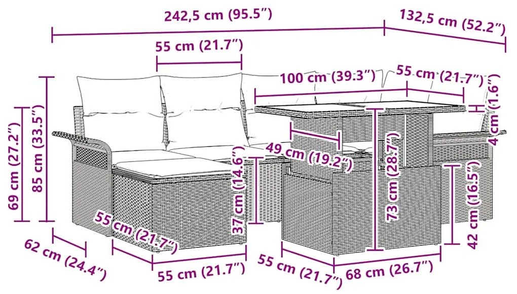 vidaXL Σετ Σαλονιού Κήπου 7 Τεμαχίων με Μπεζ Μαξιλάρια από Πολυ Ράτταν