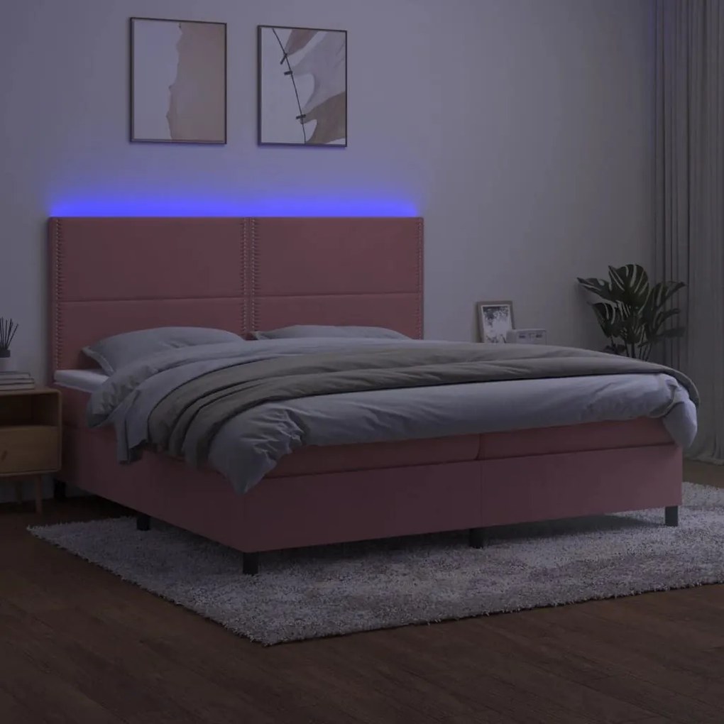 Κρεβάτι Boxspring με Στρώμα &amp; LED Ροζ 200x200 εκ. Βελούδινο - Ροζ