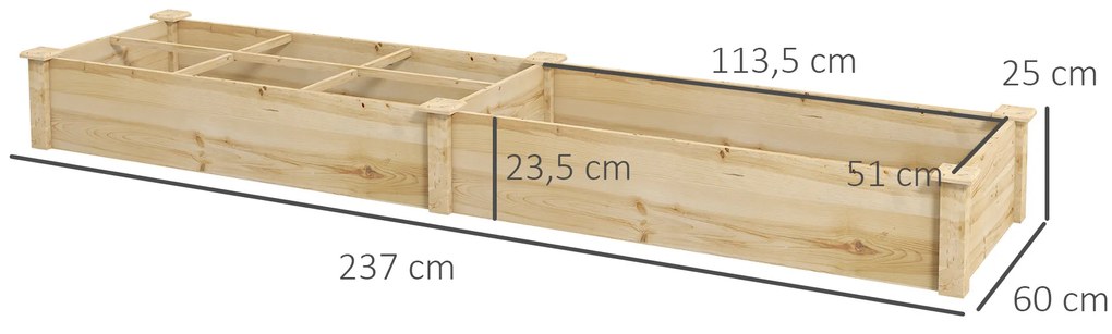 Outsunny Υπερυψωμένο παρτέρι, γλάστρα, 2 τεμαχίων, ανοιχτός πάτος, φυσικό ξύλινο πλαίσιο, εύκολη συναρμολόγηση, 237 x 60 x 25cm