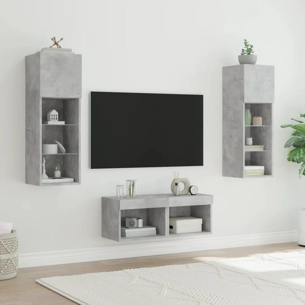 vidaXL Ντουλάπια Τηλεόρασης Τοίχου 4Τεμ. με Φώτα LED Γκρι Σκυροδέματος