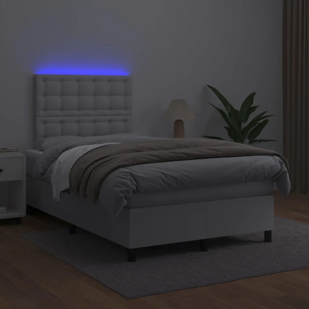 vidaXL Κρεβάτι Boxspring με Στρώμα & LED Λευκό 120x200 εκ. Συνθ. Δέρμα