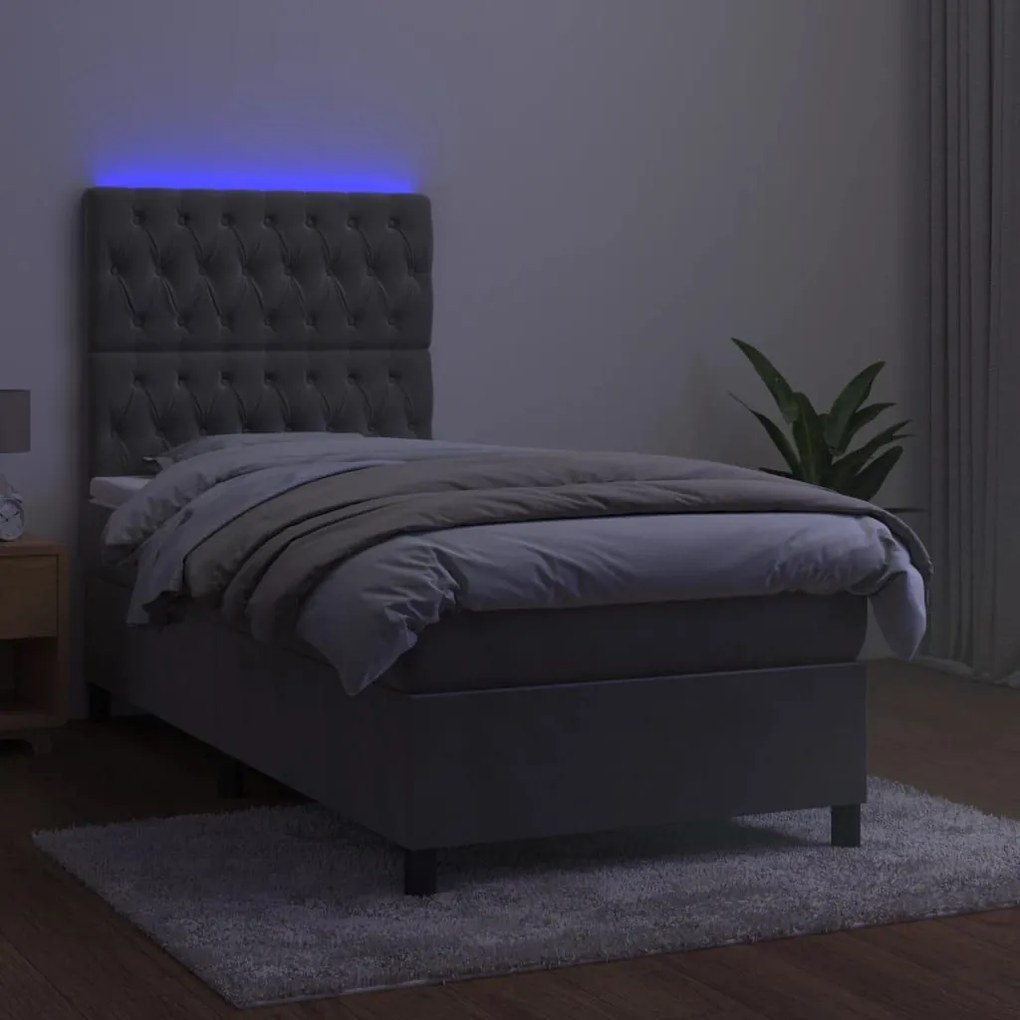 Κρεβάτι Boxspring με Στρώμα &amp; LED Αν.Γκρι 90x190 εκ. Βελούδινο - Γκρι