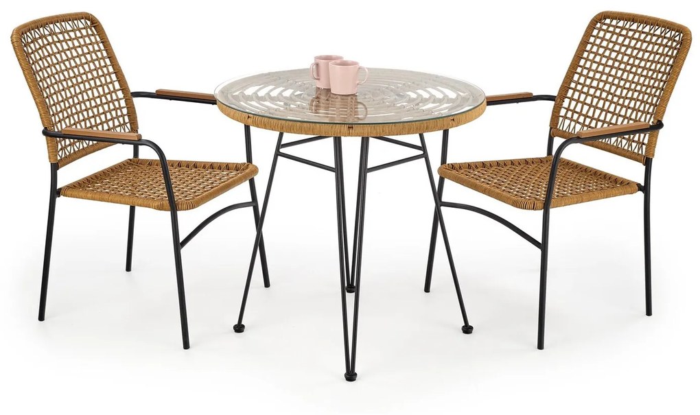 Τραπέζι εξωτερικού χώρου Houston 1369, Επεξεργασμένο γυαλί, 76cm, 15 kg, Μαύρο, Ανοιχτό καφέ, Μέταλλο, Πλαστικό ψάθινο | Epipla1.gr