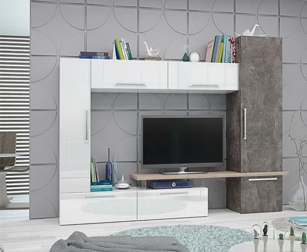 Σύνθετο Σαλονιού Mara 245x193x44 White high gloss + Oak Sonoma + Dark Atelier - GRA920