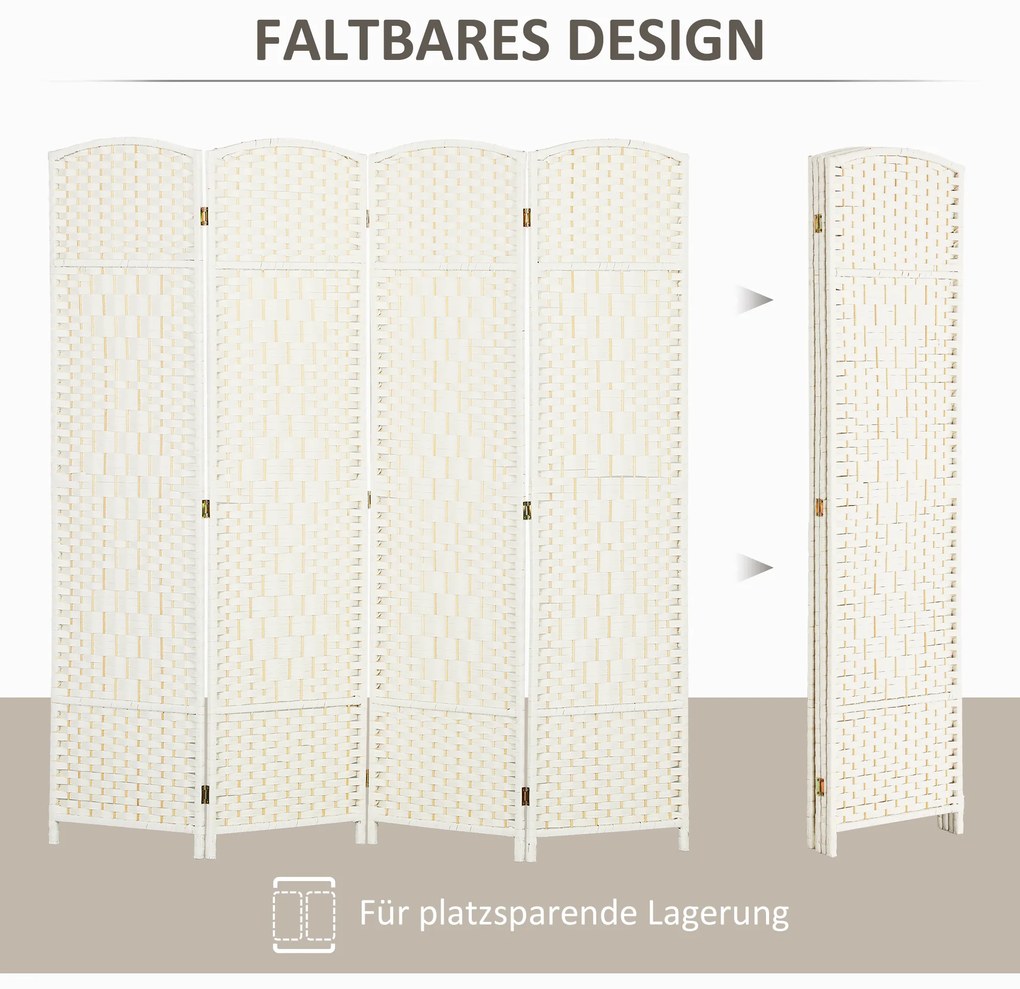 HOMCOM Διαχωριστικό χώρου, 4 πτυσσόμενο διαχωριστικό, σχέδιο πλέξης, ξύλο πεύκου, λευκό