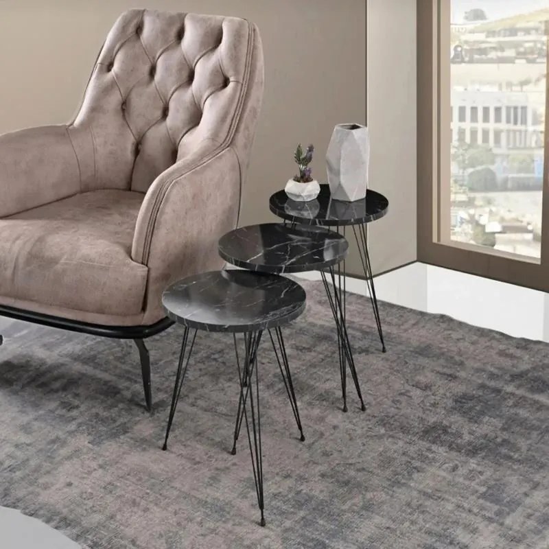 Τραπεζάκια σαλονιού Βοηθητικά Wakmi σετ 3 τεμ. σε μαύρο μάρμαρο μελαμίνη - μαύρο μέταλλο 33x33x55 εκ.