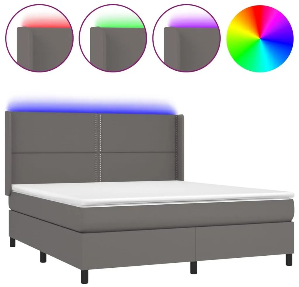 Κρεβάτι Boxspring με Στρώμα &amp; LED Γκρι 160x200 εκ. Συνθ. Δέρμα - Γκρι