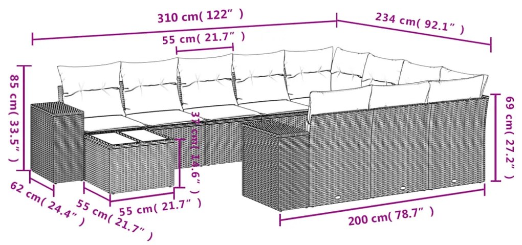 vidaXL Σαλόνι Κήπου Σετ 11 Τεμαχίων Μαύρο Συνθετικό Ρατάν με Μαξιλάρια