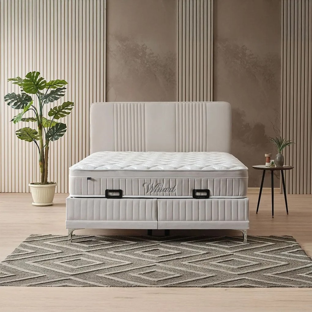 Επενδυμένο Κρεβάτι WINART Διπλό με Αποθηκευτικό χώρο και Ανατομικό Στρώμα Μπεζ 160x200εκ. 160x208x120 εκ.