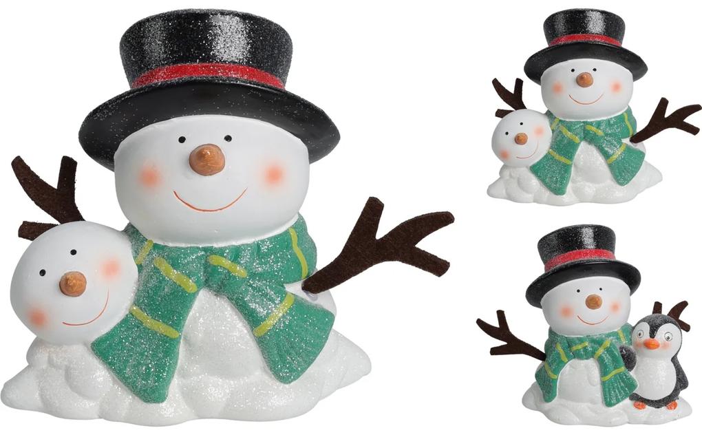Χιονάνθρωπος Με Μαύρο Καπέλο Και Glitter Λευκό Κεραμικό 14.5x9x15.5cm Σε 2 Σχέδια