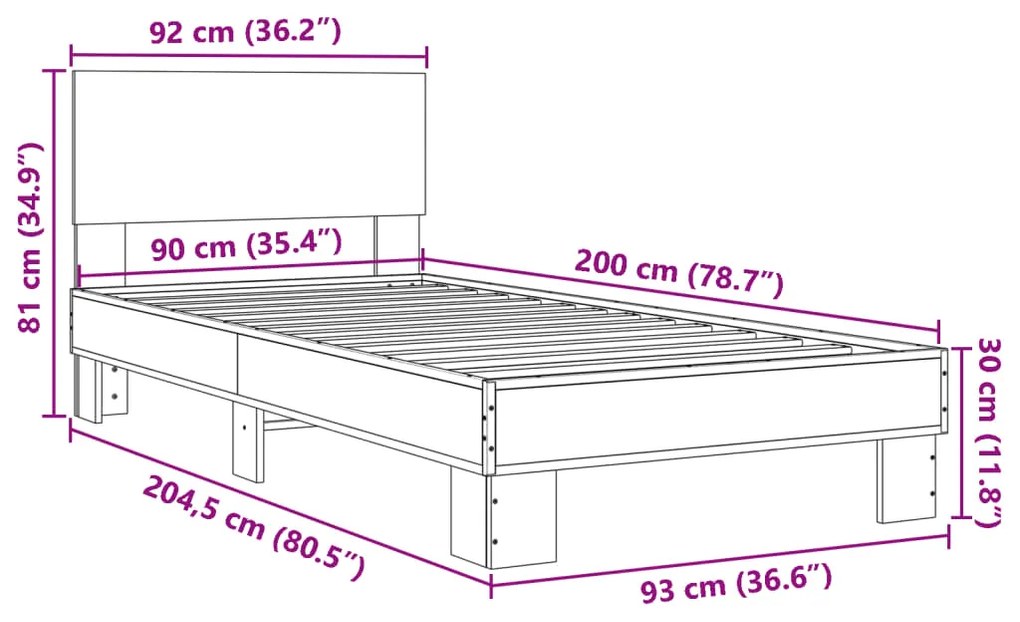 Πλαίσιο Κρεβατιού Γκρι Sonoma 90x200 εκ. Επεξ. Ξύλο &amp; Μέταλλο - Γκρι