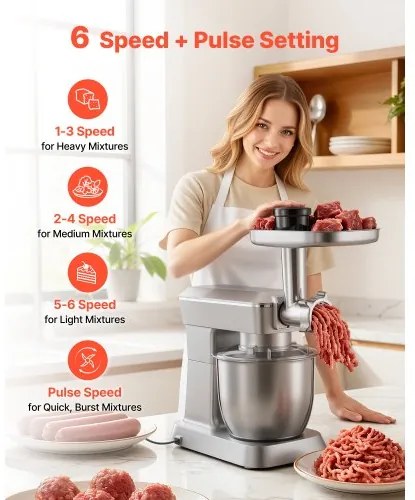 VEVOR Stand Mixer, 4.3 L Electric Kitchen Mixer, 1300W Dough-Mixer, 6+P Speeds Tilt-head Food-Mixer with 1.5 L Blender Cup, Stainless Steel Bowl, Dough Hook, Whisk, Beater, for Baking, Mixing, Silver