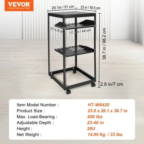 VEVOR 20U Open Frame Server Rack, 15&#039;&#039;-40&#039;&#039; Adjustable Depth, Free Standing or Wall Mount Network Server Rack, 4 Post AV Rack with Casters, Holds All Your Networking IT Equipment AV Gear Router Modem