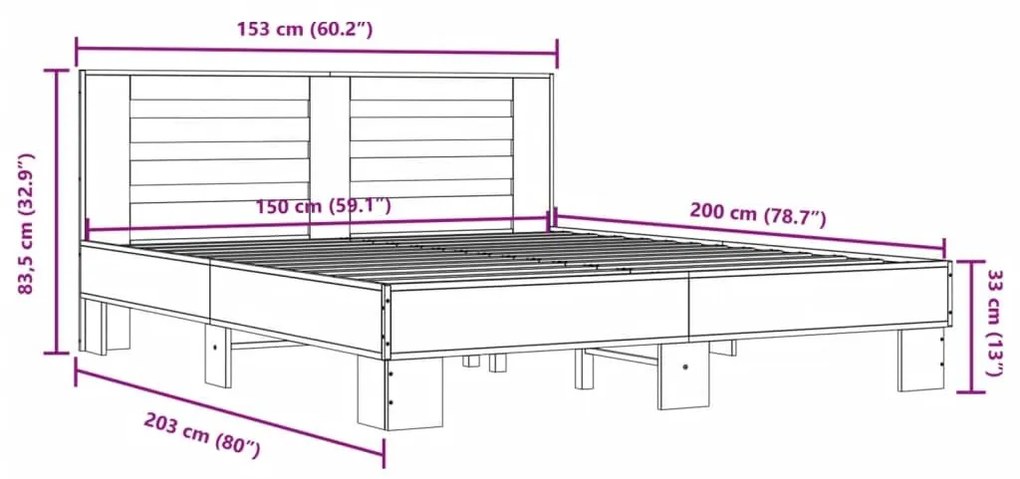 Πλαίσιο Κρεβατιού Καπνιστή Δρυς 150x200εκ. Επεξ. Ξύλο &amp; Μέταλλο - Καφέ