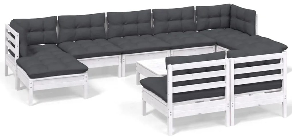 vidaXL Σαλόνι Κήπου Σετ 10 Τεμαχίων Λευκό από Ξύλο Πεύκου με Μαξιλάρια