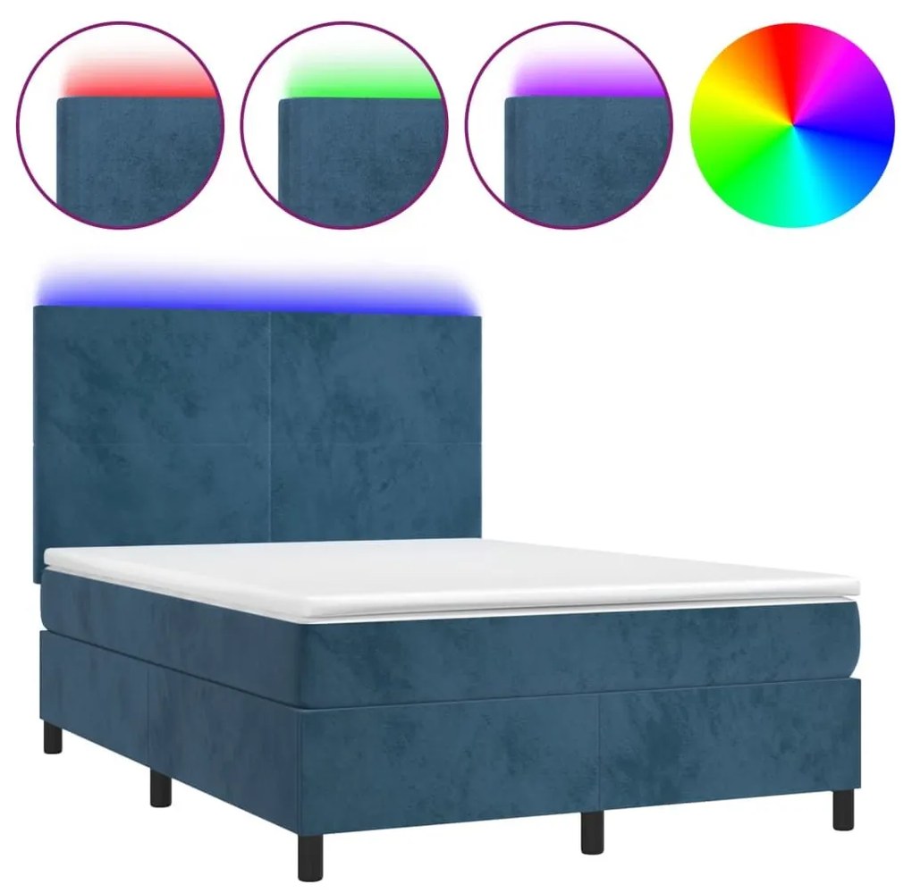 Κρεβάτι Boxspring με Στρώμα &amp; LED Σκ. Μπλε 140x190εκ. Βελούδινο - Μπλε