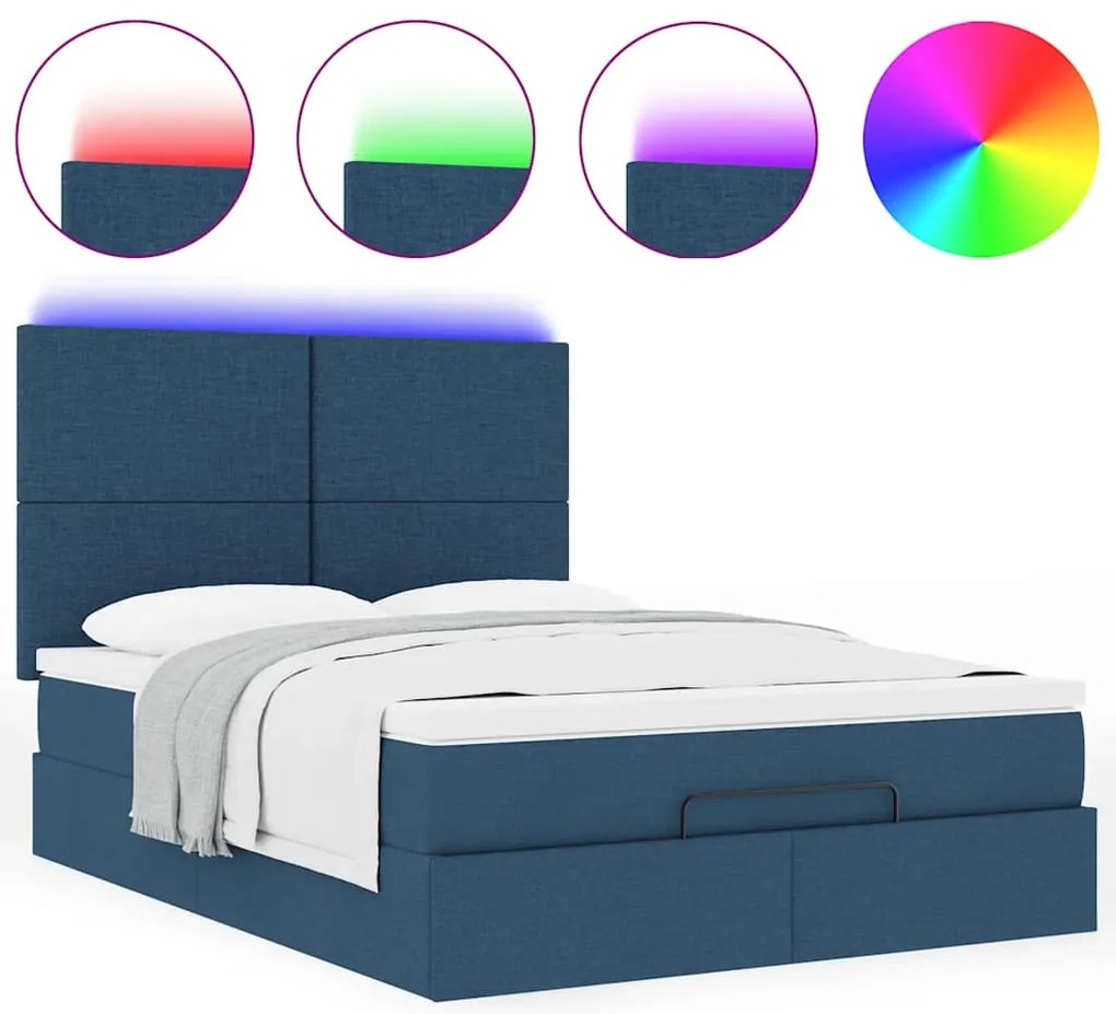 vidaXL Οθωμανικό κρεβάτι με στρώμα & LEDs Μπλε 140x190cm Ύφασμα