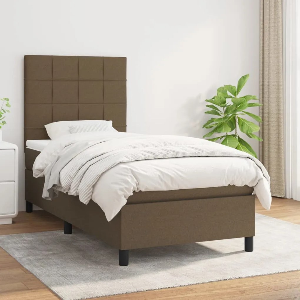 Κρεβάτι Boxspring με Στρώμα Σκούρο Καφέ 90x190 εκ. Υφασμάτινο - Καφέ