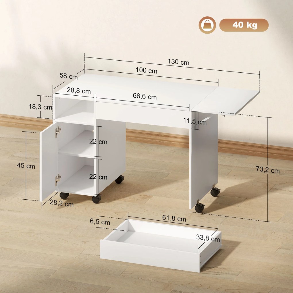 HOMCOM Rolling Computer Desk, Foldable Desk with Cabinet and Drawer, Particleboard, White