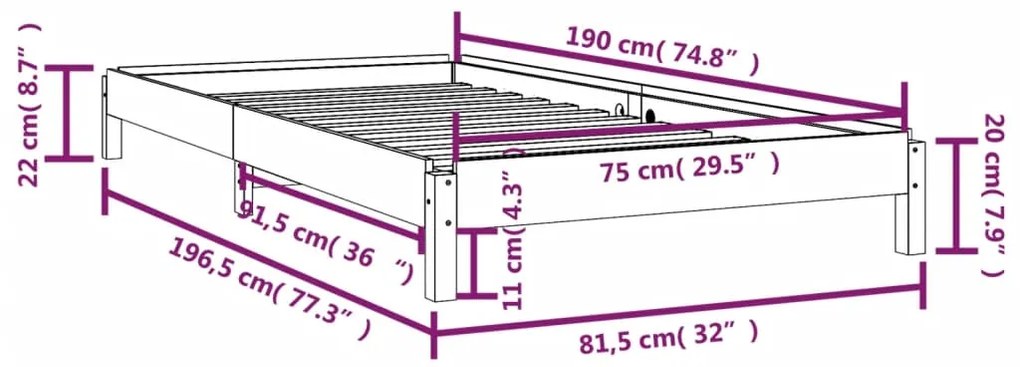 Κρεβάτι Στοιβαζόμενο Λευκός 75x190 εκ. από Μασίφ Ξύλο Πεύκου - Λευκό