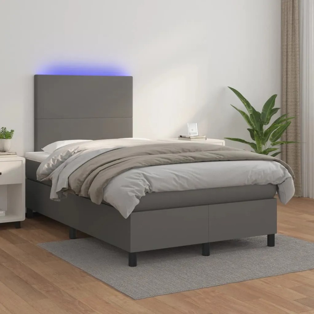 vidaXL Κρεβάτι Boxspring με Στρώμα & LED Γκρι 120x200 εκ. Συνθ. Δέρμα