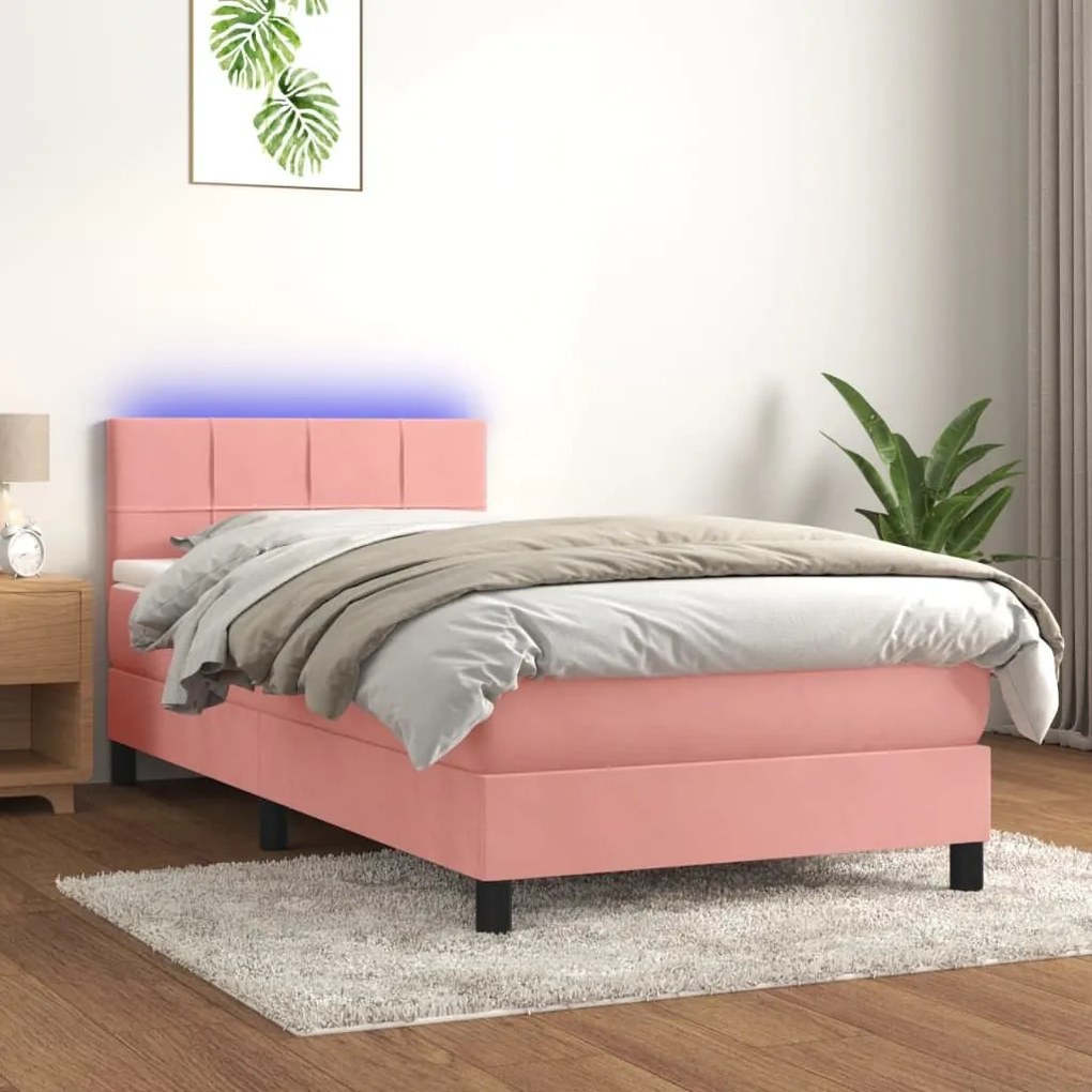 Κρεβάτι Boxspring με Στρώμα &amp; LED Ροζ 100x200 εκ. Βελούδινο - Ροζ