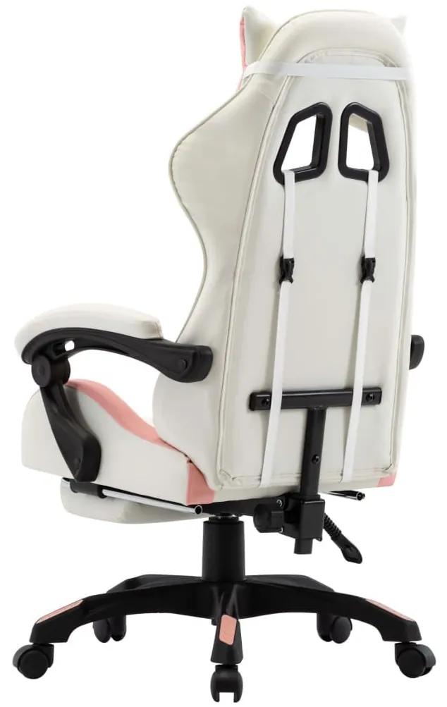 Καρέκλα Racing με Υποπόδιο Ροζ/Λευκή από Συνθετικό Δέρμα - Ροζ
